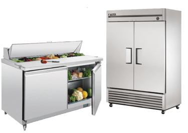 Commercial stainless steel prep table and double door upright refrigerator.