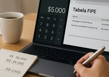 Notebook com calculadora e Tabela FIPE abertos, anotações manuais e xícara de café sobre a mesa.