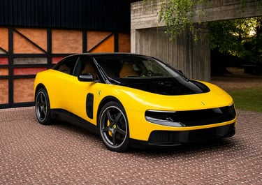Ferrari Luce elétrico amarelo estacionado em frente a residência de arquitetura moderna