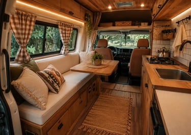 Interior de Kombi Home com cozinha compacta, sofá, mesa e acabamento em madeira
