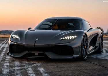 Koenigsegg Gemera cinza estacionado em pista ao pôr do sol com visual futurista e faróis acesos