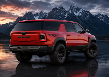 Traseira do novo Ramcharger V8 com visual esportivo diante de montanhas ao entardecer