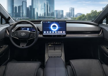Interior do Toyota bZ7 com cockpit digital e tela central com tecnologia avançada