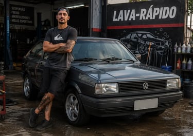 Mecânico ao lado de um Volkswagen Gol quadrado em oficina automotiva.