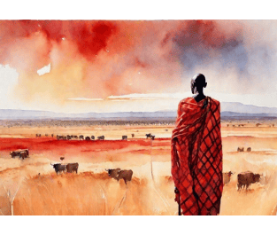 a man in a red dress standing in a field