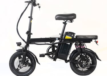 a black and white electric bike with a black seat