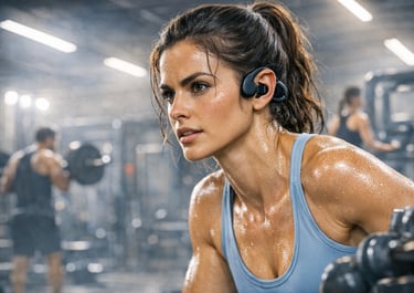  Uma mulher suada usando fones de ouvido esportivos de orelha aberta durante uma sessão intensa