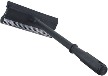 a black and white cleaning brush with a black handle