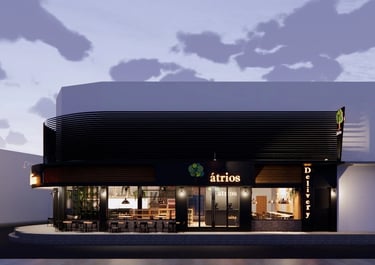 fachada comercial industrial iluminada com logo interiores arquitetura