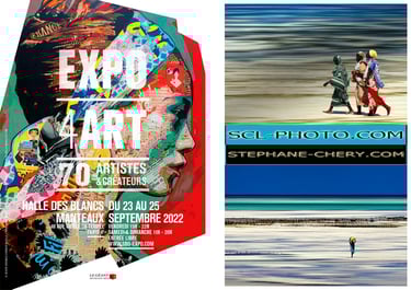 quelques personnes se tiennent devant une affiche. Expo4Art Paris Blancs Manteaux