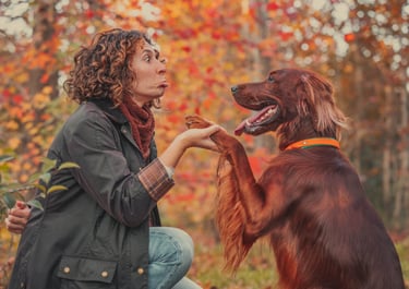 scatto autunnale di un cane che dà la zampa alla padrona che fa un'espressione buffa