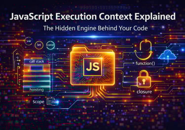 Digital illustration showing JavaScript execution context with glowing JS icon, call stack, hoisting