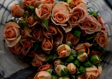 A fresh bouquet of peach spray roses and green buds wrapped in decorative blue mesh.