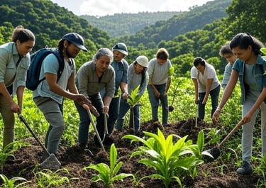 Travelers participating in a regenerative tourism initiative in a tropical forest.