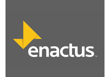 Official Enactus logo featuring white typography and a yellow origami bird on a dark gray background.