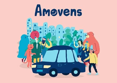 Amovens carsharing illustration featuring diverse characters and a car in a city setting.