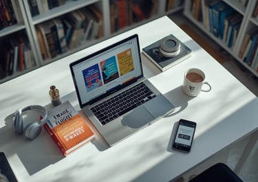Modern workspace with laptop displaying digital ebooks and business books