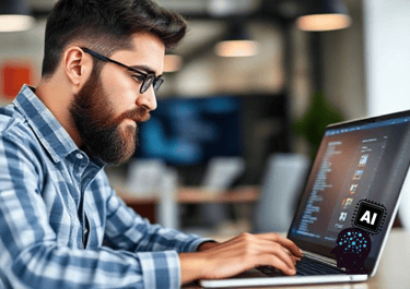 Developer collaborating with AI to optimize code and software architecture.