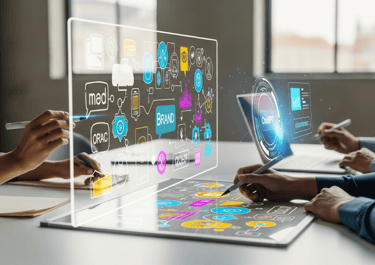 Diverse team brainstorming new products and brands with AI assistance on a digital board.