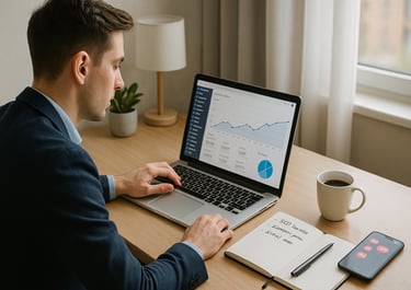 Entrepreneur analyzing website traffic growth strategies on laptop with analytics dashboard and note