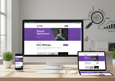 Responsive website with SEO icons on desktop, tablet, and phone.