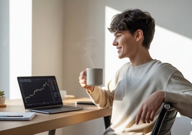 Young man investing small amounts monthly, building wealth step by step over time.