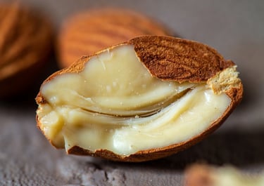Primer plano macro de una almendra Marcona partida por la mitad mostrando su textura blanca y aceitosa