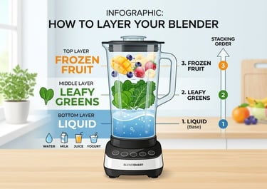 Ilustración de un vaso de batidora con líneas horizontales marcando las proporciones: Líquido, Hoja Verde, Fruta arriba