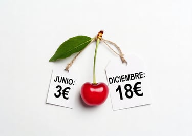 Dos etiquetas de precio comparativas: Cerezas de Verano (3,99€) vs Cerezas de Invierno (18,99€)