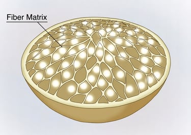 Ilustración microscópica simplificada mostrando cómo la fibra atrapa las moléculas de azúcar en una fruta entera