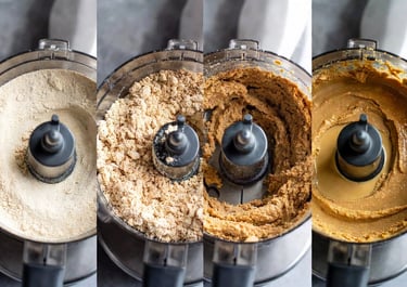 Collage de 4 fotos mostrando la evolución: 1. Harina, 2. Bola grumosa, 3. Pasta densa, 4. Crema líquida