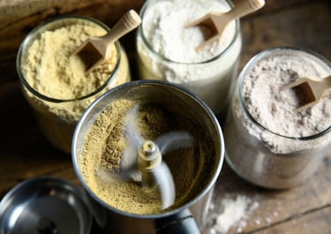 Primer plano de un molinillo de café eléctrico pulverizando semillas de lino dorado hasta convertirlas en polvo