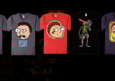 a bunch of t - shirts with cartoon characters on them