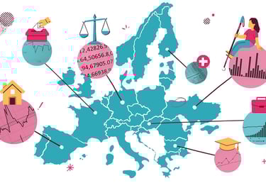 a map of Europe with symbols of statistics, work, house, voting, law, disability
