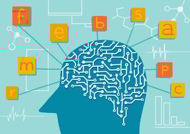 the shape of a head with a circuit board and letters and symbols emerging from it