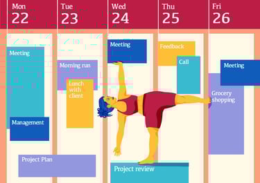 a woman doing a yoga pose within a week planner full with tasks