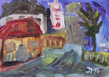 a painting of a street in a village
