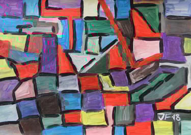 an abstract painting consisting of squares, rectangles and triangles