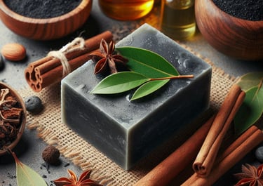 a charcoal soap herbs surrounding it