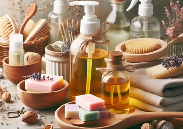 homemade soaps and gold colored liquids in pump bottles