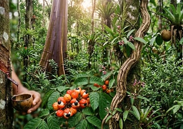 Frutos de guaraná vermelho crescendo em uma densa floresta amazônica, próximo a uma seringueira 