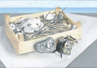 wooden box of stones and twigs