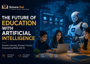 Students using laptops with a futuristic AI robot and digital interface for personalized learning.