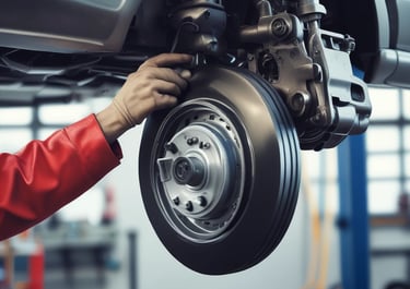 Close-up of a car suspension spring and shock absorber in a garage.
