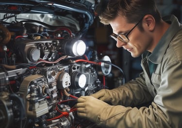 Close-up of a car suspension spring and shock absorber in a garage.