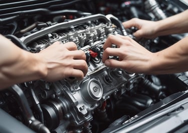 Close-up of a car suspension spring and shock absorber in a garage.