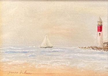 A serene seaside painting featuring a sailboat and a lighthouse, set against a soft sky