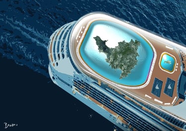 Digital illustration of a cruise ship carrying St. Martin in a pool deck, futuristic concept art by