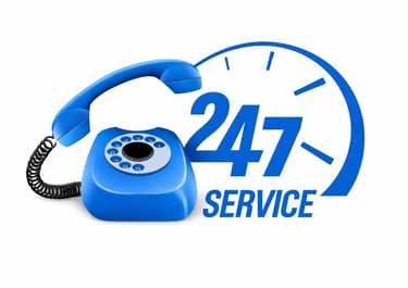 Blue rotary telephone icon with 24/7 service clock logo for around-the-clock customer support.
