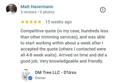 review from dm tree customer in Olathe Kansas. affordable